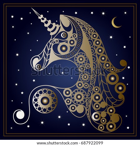 Graphic abstract unicorn (monoceros) in line art style. Mythical creature. Suitable for invitation, flyer, sticker, poster, banner, card, label, cover, web. Vector illustration.