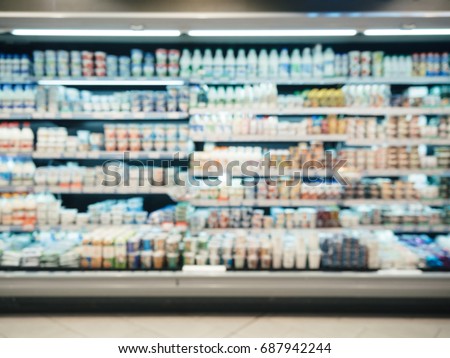 Defocused blur of supermarket shelves with dairy products. Blur background with bokeh. Defocused image Royalty-Free Stock Photo #687942244