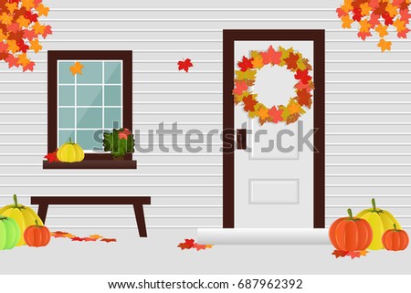 The facade of the house in the autumn season, the yard, the harvest. Vector illustration.