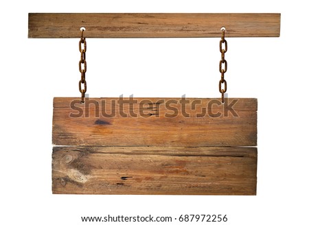 Blank Wooden signboard hanging on white background.