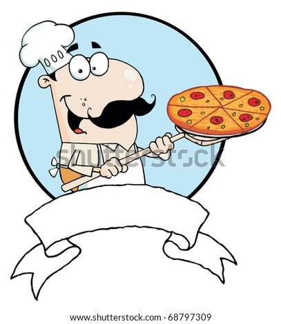 Cartoon Proud Chef Inserting A Pepperoni Pizza