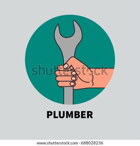 Male hand holding wrench. Logo plumber. Icon plumbing work, sewer. Vector illustration.