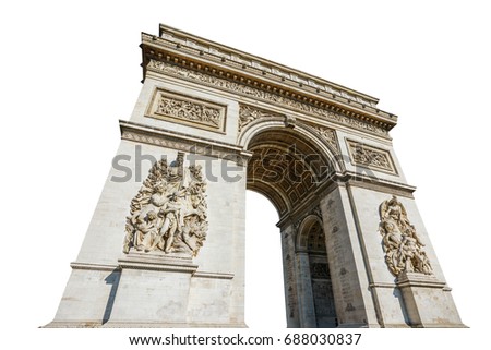 Arch of triumph. Arc de Triomphe at the western end of the Champs Elysees road at center of Place Charles de Gaulle in Paris city of France. Isolated on white background and with copy space.