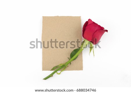 Brown blank card with red rose on white background