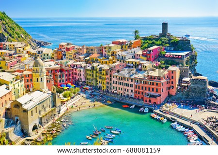 View of the beautiful seaside of Vernazza village in summer in the Cinque Terre area, Italy. Royalty-Free Stock Photo #688081159