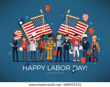 Horizontal vector 'Labor Day' celebration banner with american flags, balloons and large group of diverse workers of various professions and specialists Royalty-Free Stock Photo #688093231