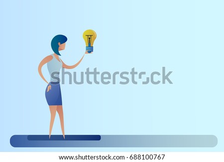 Business Woman New Creative Idea Concept Hold Light Bulb Flat Vector Illustration