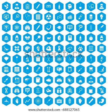 100 diagnostic icons set in blue hexagon isolated vector illustration