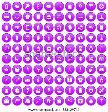 100 woman icons set in purple circle isolated on white vector illustration