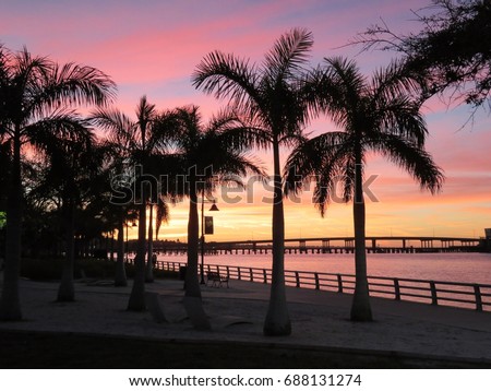 Sun setting at River walk along the Manatee River in Bradenton Florida