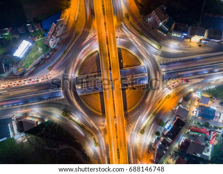 Beautiful Night Aerial View of a Busy Intersection, Thailand.