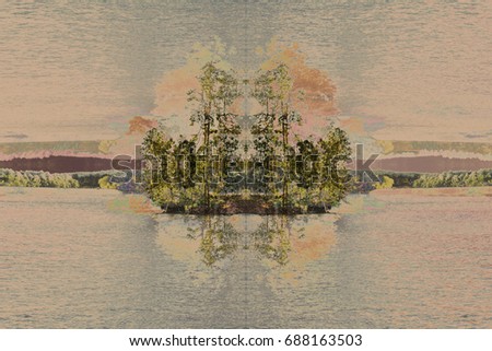 A digitally altered kaleidoscope effect of an island.