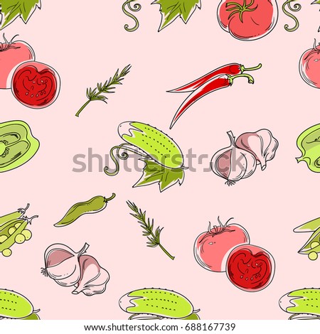 Seamless patterns from ripe vegetables on a pink background.