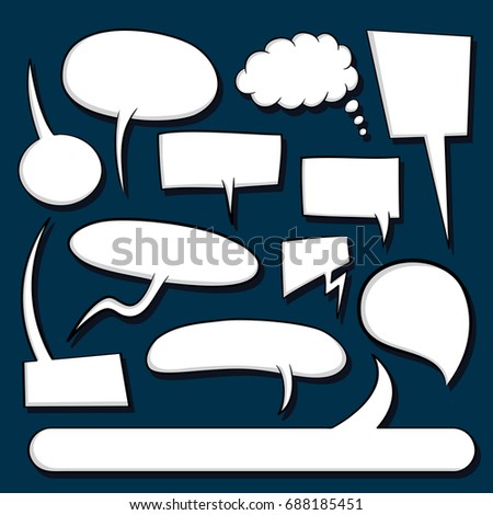 Set of vector isolated speech bubbles. 12 white empty speech bubbles with shadow effect on dark blue background.