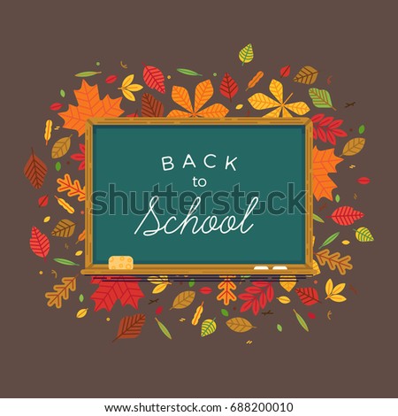 Lovely flat vector 'Back To School' background with autumn fall leaves and class chalkboard. Ideal for web banners and marketing posters