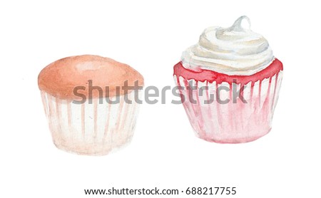 Watercolor  simple cupcake and red velvet