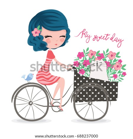 Cute romantic girl riding a bike with cat and little bird vektor.