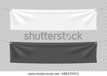 Black and white textile banners with folds. Blank hanging fabric mockup set. Graphic design elements for advertising, web site, flyers, posters, sale announcement. Empty template. Vector illustration Royalty-Free Stock Photo #688239451