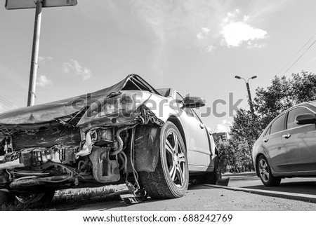 Car Broken in an accident. Monochrome image Royalty-Free Stock Photo #688242769