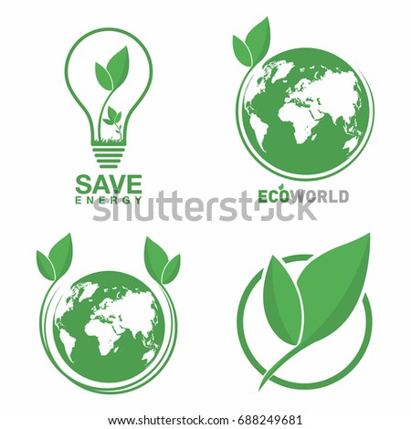 Ecology logo set. Eco world, green leaf, energy saving lamp symbol. Eco friendly concept for company logo. Vector