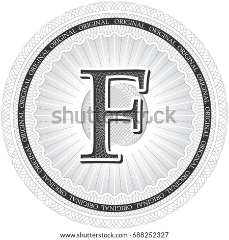 Vector Guilloche Pattern Rosette with letter F. Monetary banknote background print. Protective sign, quality mark