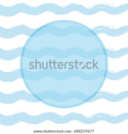 Square background with wavy lines and round frame. Drawn by hand with a rough brush. Watercolor, sketch, grunge, ink. Blue, white colour. Transparency. Vector illustration.