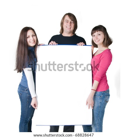 Three people, two girls and one man, holding a poster
