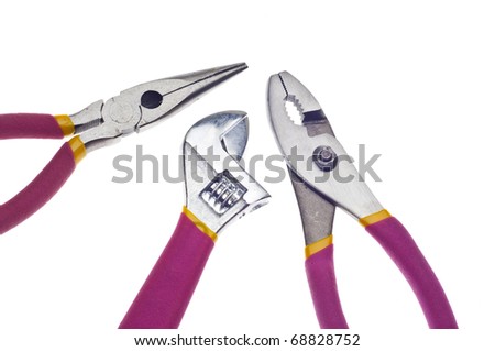 Border of Pink Tools Pliers and Wrench Isolated on White.