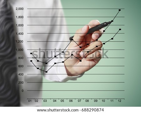 Businessman drawing line graphic of financial indicator and accounting market economy analysis with graph chart on visual screen, financial concept