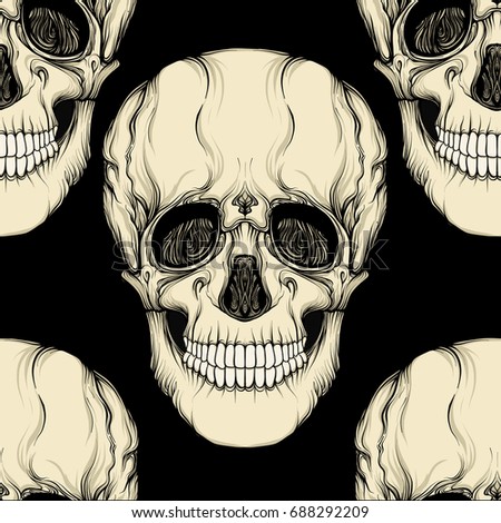 Seamless pattern, background with human skull. Stock line vector