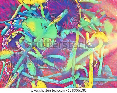 Magic mushroom neon colored digital illustration. Mushroom with thin stipe and wide pileus. Shroom hallucination. Non-edible mushrooms with hallucinogen effect. Toadstool mushroom pile fantastic image