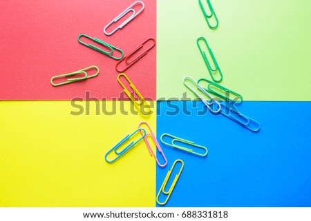 Minimal work space - Creative flat lay photo of workspace desk with paperclips on copy space pastel background. Top view , flat lay photography.