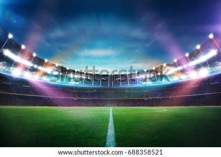 Empty night grand stadium with sport light , evening or night scene .