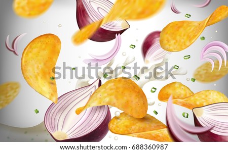 Potato chip background, tasty seasoned chips flying in the air with purple onions and yogurt in 3d illustration