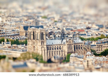 Aerial view of Notre-Dame de Paris. Miniature tilt shift lens effect.