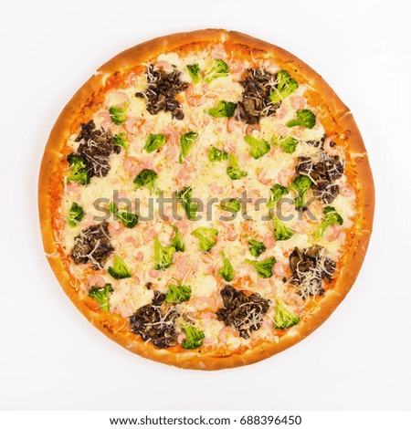 Pizza with mushrooms, shrimp and broccoli on a white