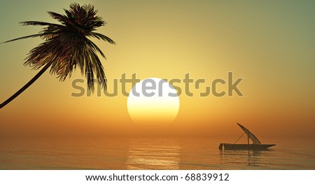 Small boat at sunset sea