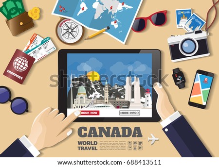 Hand holding smart tablet booking travel destination.canada famous places. Vector concept banners in flat style with the set of traveling objects, accessories and tourism icons. world landmarks set