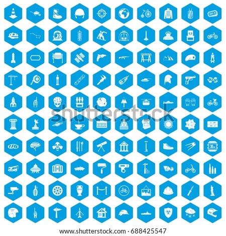 100 helmet icons set in blue hexagon isolated vector illustration
