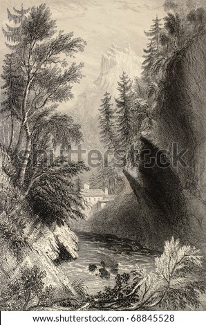 Antique illustration of Saint Gervais les Bains, in the Rhone Alps. Original, created by W. H. Bartlett and W. B. Cooke, was published in Florence, Italy, 1842, Luigi Bardi ed.