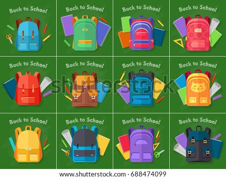 Back to school. Set of different contemporary kinds backpacks. Various bags in shape and colour on green background. Various school objects behind backpacks. Flat design. Vector illustration