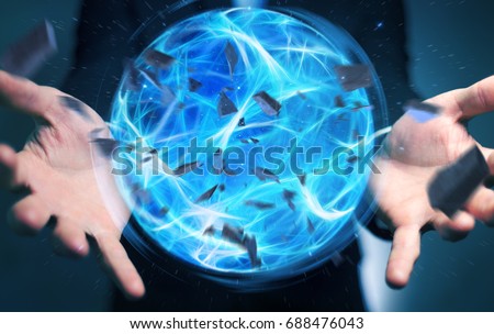 Businessman creating an exploding blue power ball with his hand 3D rendering