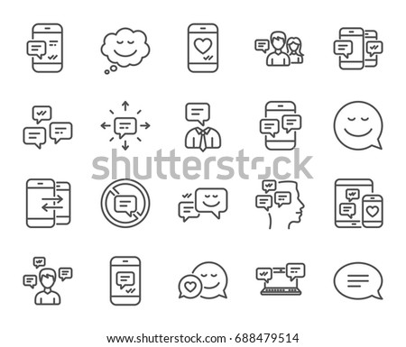 Message and Communication icons. Group chat, Conversation and Speech bubbles signs. SMS, Phone alert and Stop talking symbols. Quality design elements. Editable stroke. Vector