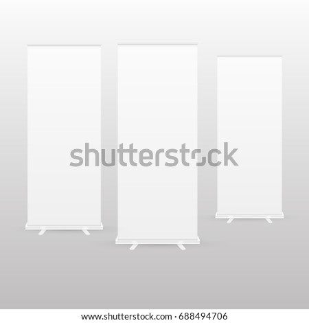 Blank roll-up banner display with clipping path. isolated on background. Vector illustration. Eps 10.