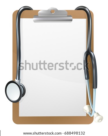 Background medical frame illustration of a clipboard with a doctors stethoscope