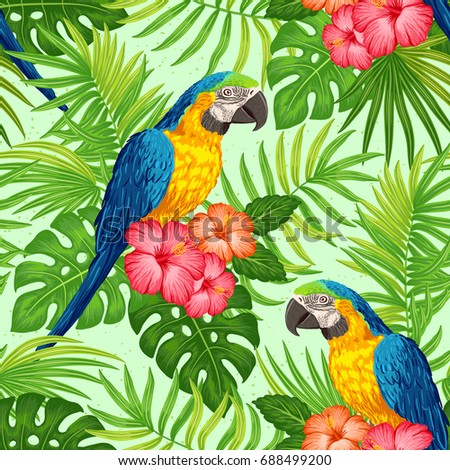 Seamless tropical floral pattern with macaw parrots, hibiscus and palm leaves