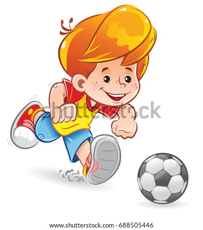 A little boy plays soccer! Running to the ball and preparing to hit him. It's going to be a goal! Sport. Run. Active lifestyle. Color clip art. Vector character on a white background.