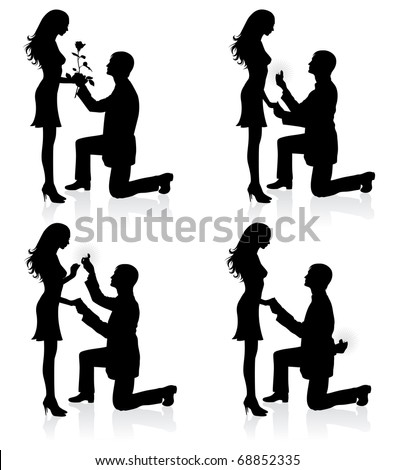 Silhouettes of a man proposing to a woman while standing on one knee.