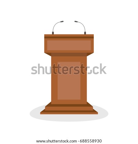 Wooden podium tribune stand rostrum with microphones. Flat cartoon style. Vector illustration.