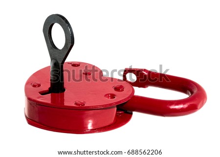 Red open padlock in the form of a heart with a key isolated on a white background